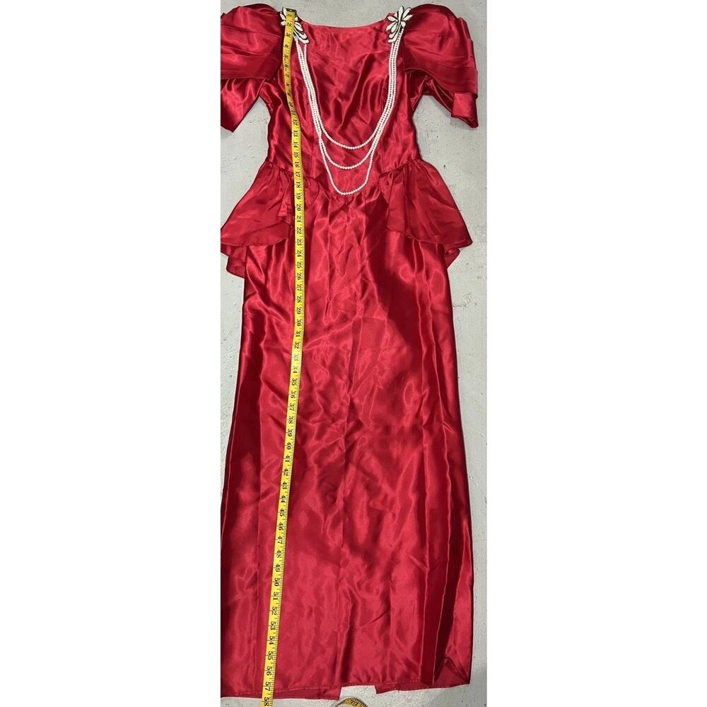 Vintage Dance Allure Red Satin Party Prom Dress Faux Pearl Appliqué Tag Sz 9/10 - Picture 11 of 13